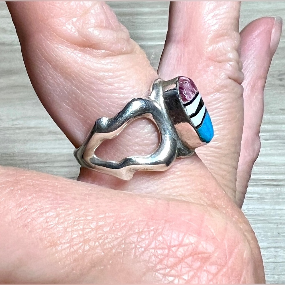 Navajo Designer Signed (TL) Sterling Silver Abstract Multicolor Inlay Ring - Picture 9 of 10